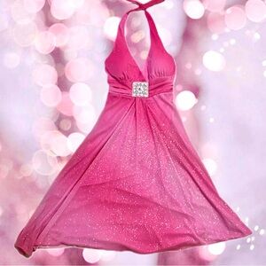 Pink Sparkly Halter Fairy Formal Dress with Rhinestone Detail